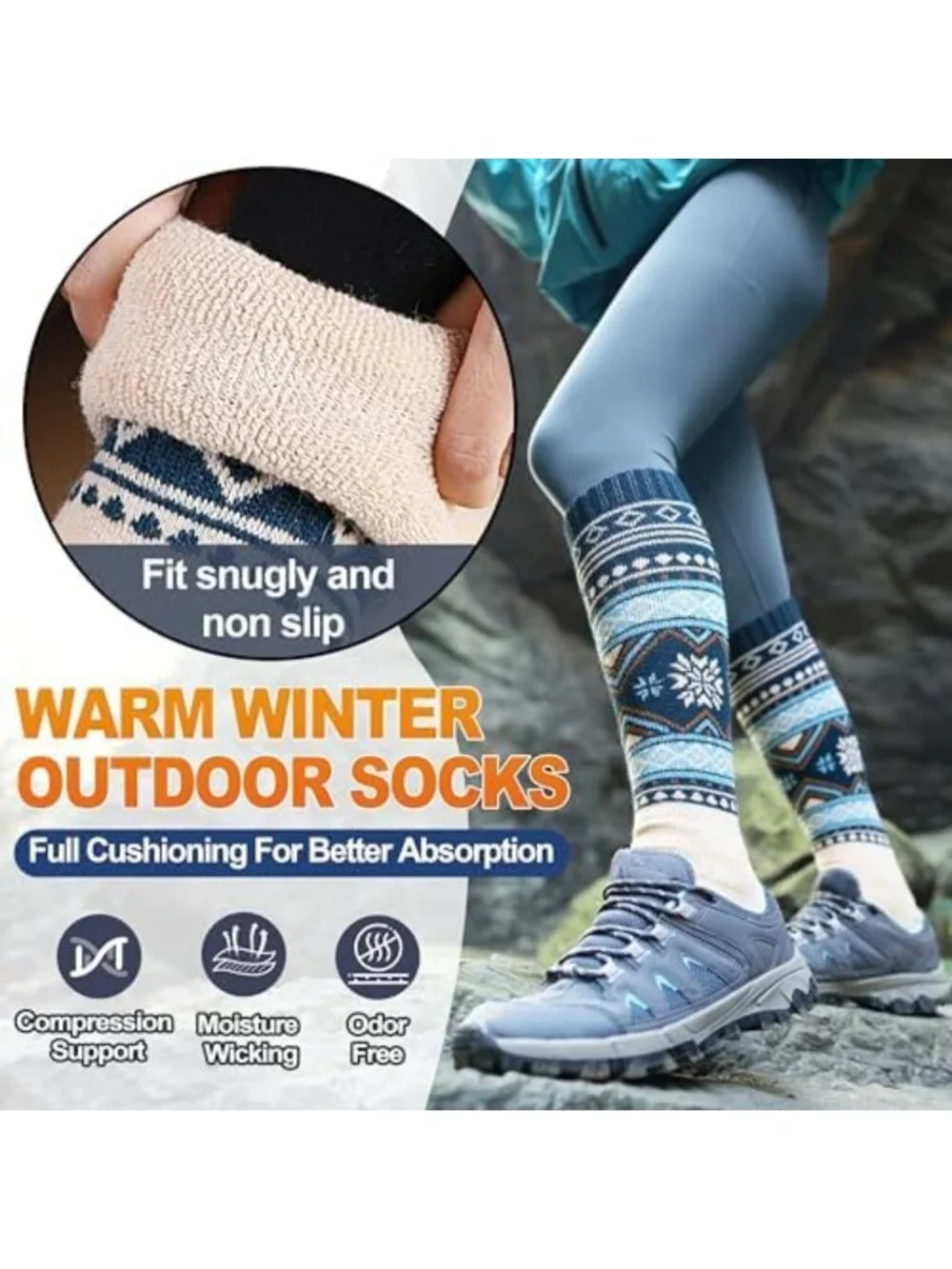 3 Pairs Thermal Merino Wool Knee High Ski Socks for Winter Sports - Warm & Thick
